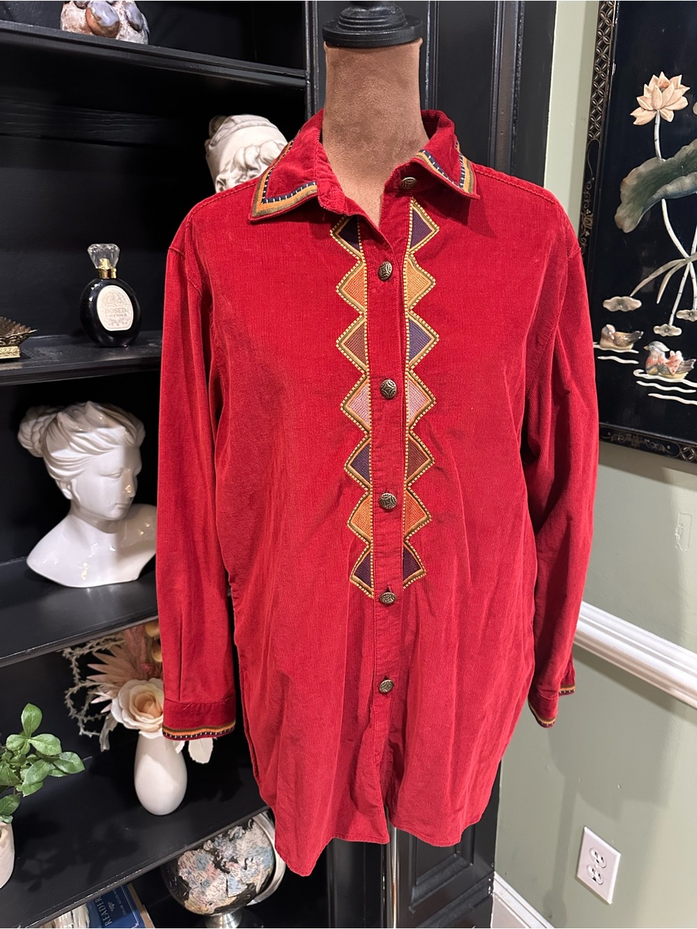 Cambridge Dry Goods Co. Red Corduroy Embroidered Button‑Down Shirt – Size 4